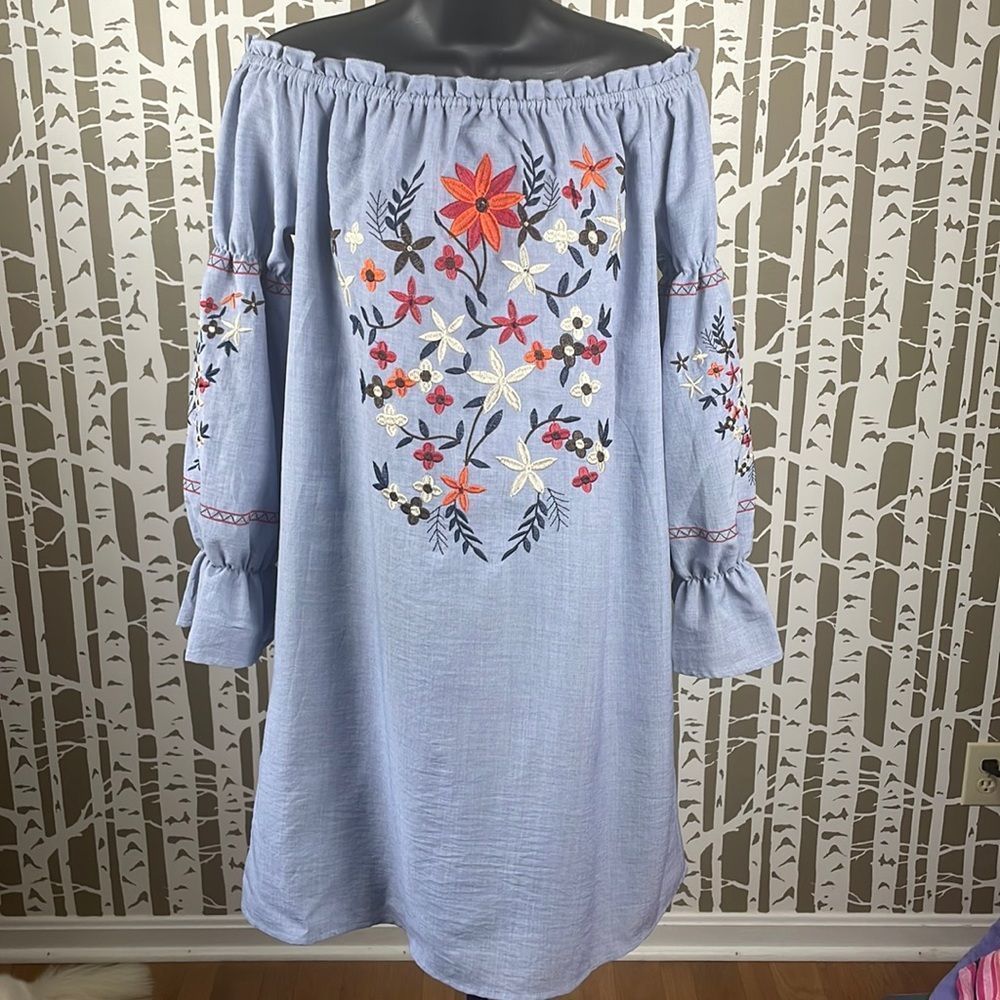 Boho Embroidered Off Shoulder Tunic Dress Light Blue NEW sz M